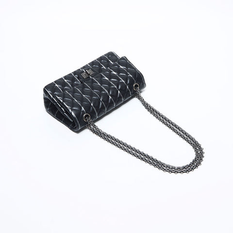 CHANEL 20 series Lambskin 2.55 Double flap Double Chain Matelasse 9.8" Stripe Shoulder Bag black WS10934