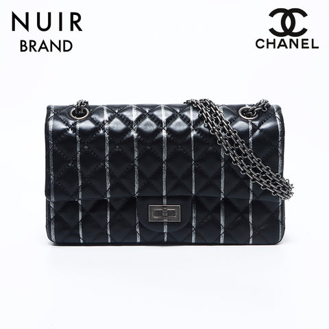 シャネル CHANEL 20番台 ラムスキン 2.55 ダブルフラップ ダブルチェーン マトラッセ 25cm ストライプ ショルダーバッグ ブラック WS10934