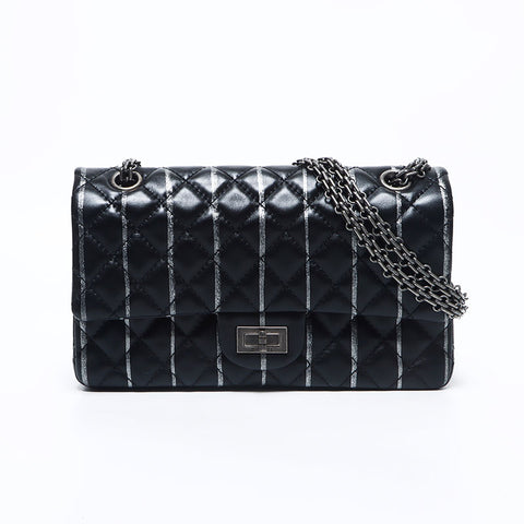 シャネル CHANEL 20番台 ラムスキン 2.55 ダブルフラップ ダブルチェーン マトラッセ 25cm ストライプ ショルダーバッグ ブラック WS10934