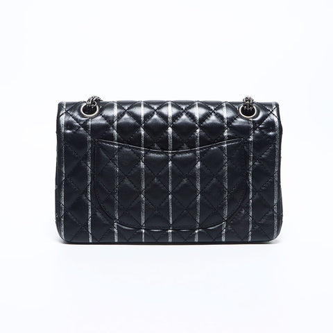 CHANEL 20 series Lambskin 2.55 Double flap Double Chain Matelasse 9.8" Stripe Shoulder Bag black WS10934