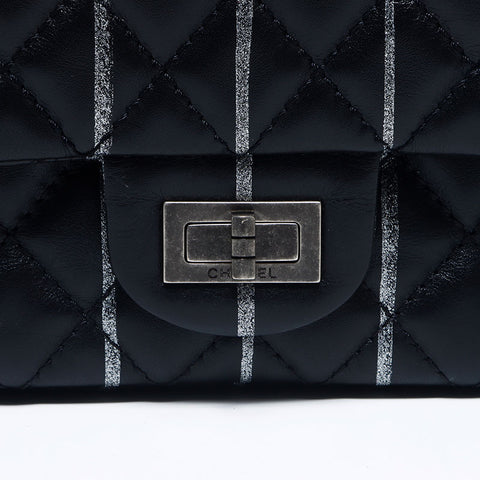 CHANEL 20 series Lambskin 2.55 Double flap Double Chain Matelasse 9.8" Stripe Shoulder Bag black WS10934