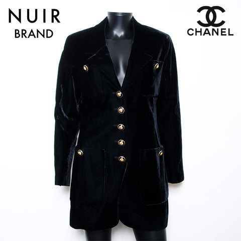 Chanel CHANEL 1990s Velour Coco Mark Button Coat Black WS10952