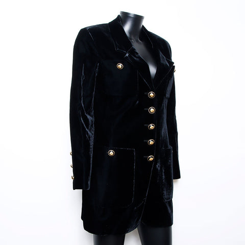 Chanel CHANEL 1990s Velour Coco Mark Button Coat Black WS10952
