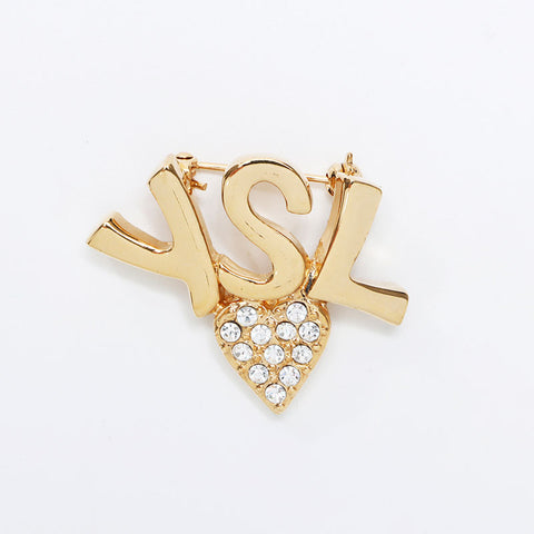 YVES SAINT LAURENT YSL logo heart rhinestone Brooch gold WS10971