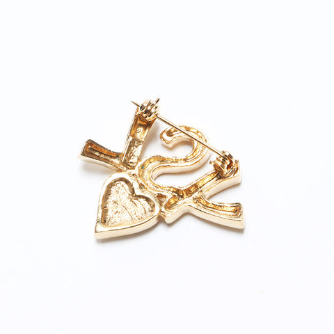 YVES SAINT LAURENT YSL logo heart rhinestone Brooch gold WS10971