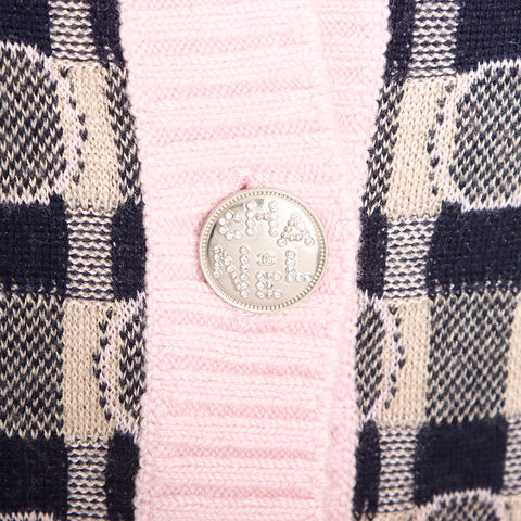 Chanel Size:38 Cashmere Silk Back Logo Rhinestone Cardigan Pink Navy WS11103
