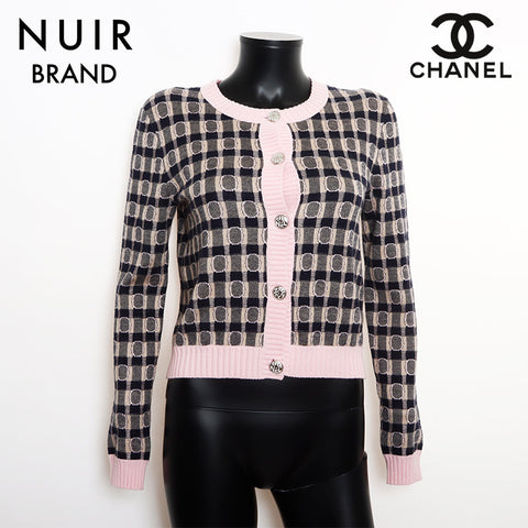 Chanel Size:38 Cashmere Silk Back Logo Rhinestone Cardigan Pink Navy WS11103