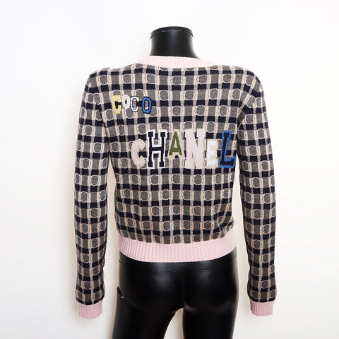 Chanel Size:38 Cashmere Silk Back Logo Rhinestone Cardigan Pink Navy WS11103
