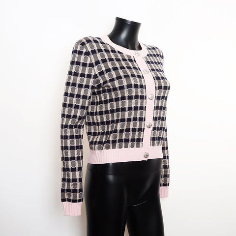 Chanel Size:38 Cashmere Silk Back Logo Rhinestone Cardigan Pink Navy WS11103