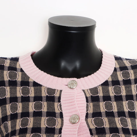 Chanel Size:38 Cashmere Silk Back Logo Rhinestone Cardigan Pink Navy WS11103