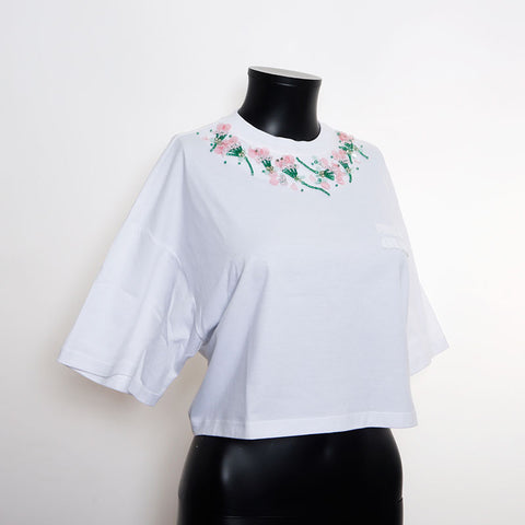 MIU MIU Größe: XS Perlenblume 2021SS Logo Kurzschläfe T-Shirt Weiß WS11124