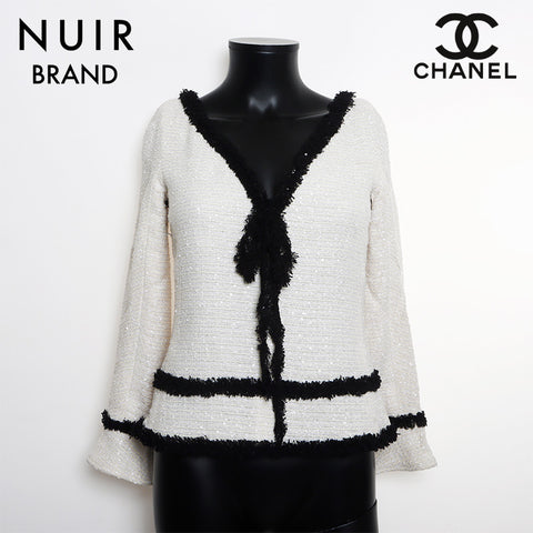 Chanel CHANEL 04P Tweed 2way Ribbon Off Shoulder Long Sleeve Shirt White WS11126