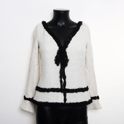 Chanel Chanel 04p Tweed 2way Ribbon Off Boding épaule Shirt à manches longues blanc WS11126