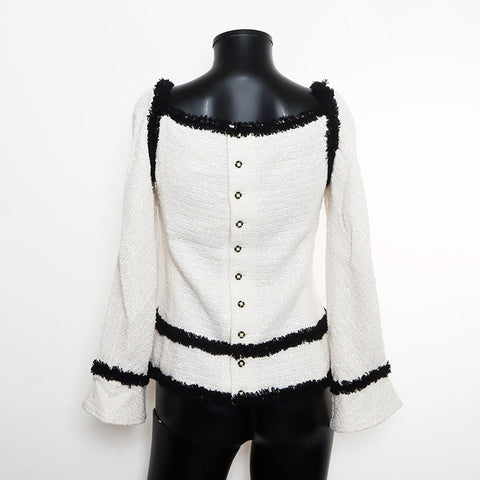 Chanel Chanel 04p Tweed 2way Ribbon Off Boding épaule Shirt à manches longues blanc WS11126