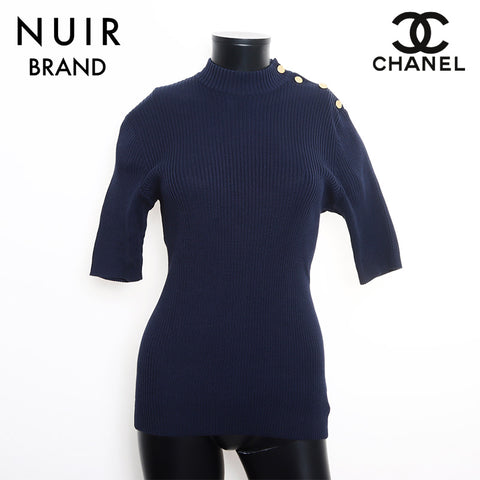 Chanel CHANEL 1990s Cotton Short Sleeve Rib Knit Knit Navy WS11129