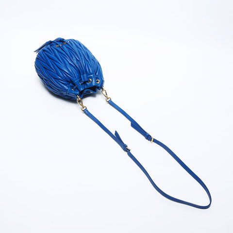 Miu Miu Miu Matterasse Fringe Drawstring Leather Shoulder Bag Blue WS11159