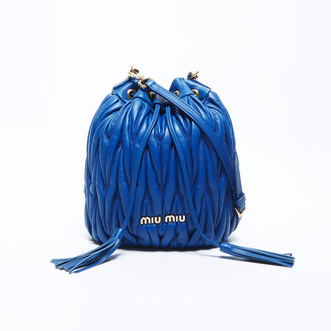 Miu Miu Miu Matterasse Fringe Drawstring Leather Shoulder Bag Blue WS11159