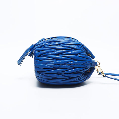 Miu Miu Miu Matterasse Fringe Drawstring Leather Shoulder Bag Blue WS11159