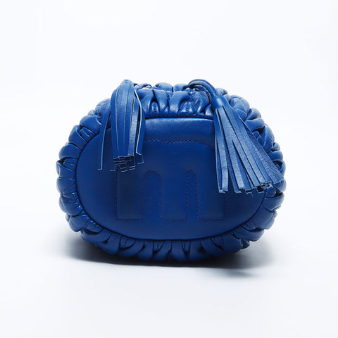Miu Miu Miu Matterasse Fringe Drawstring Leather Shoulder Bag Blue WS11159