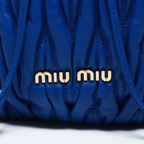 Miu Miu Miu Matterasse Fringe Drawstring Leather Shoulder Bag Blue WS11159