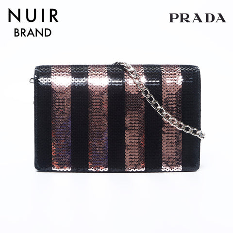 プラダ PRADA スパンコール シルバー金具 チェーン ショルダーバッグ ブラック ピンク WS11255