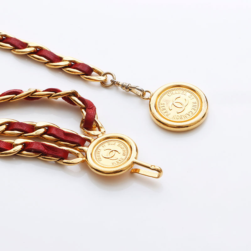 シャネル CHANEL コイン チェーン レザー ベルト ゴールド レッド