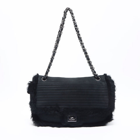 CHANEL 11th Chain Fur Shoulder Bag black WS11360
