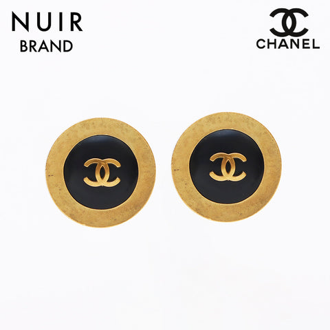 CHANEL 94P Round COCO Mark Earring Gold black WS11380