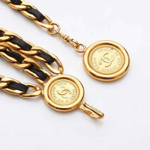 Chanel Coco Mark Chain Belt Gold Black WS11415