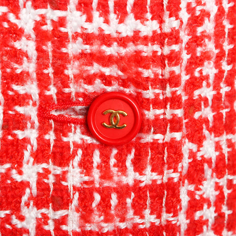 Chanel Größe: 38 Tweed Long Coco Mark Button 1997 Weiße Jacke Rot WS11449