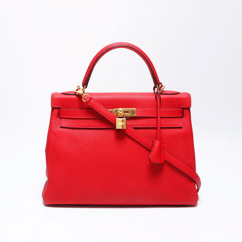 Hermès Hermes Kelly 32 B Handraillerie en or gravé sac à main rouge WS11465
