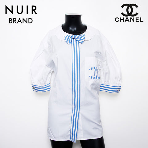 Chanel Chanel 2000S Coco Mark Blouse Stripe Ribbon Short Shirt White WS11548