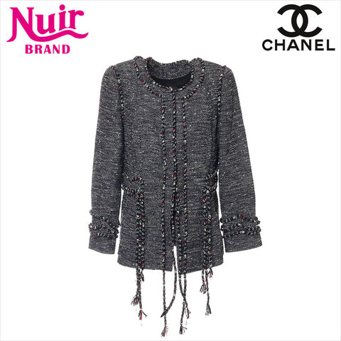 CHANEL No collar Size: 42 Drape Tweed Jacket Navy WS11553