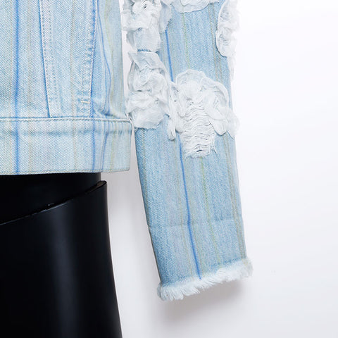 CHANEL Size:38 Denim Stripe Lace Flower Distressed Jacket blue WS11557