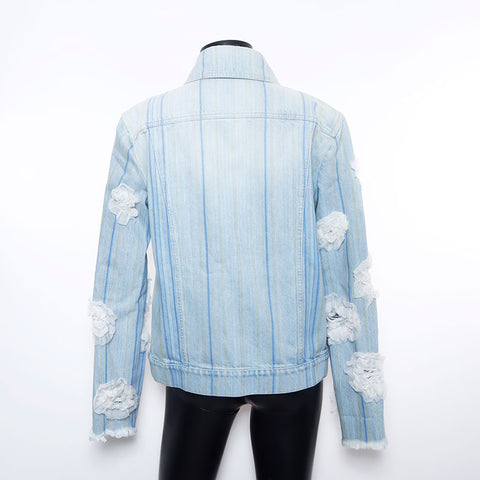 CHANEL Size:38 Denim Stripe Lace Flower Distressed Jacket blue WS11557