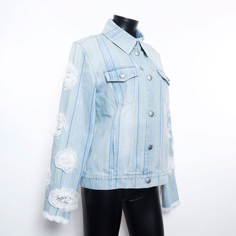 香奈儿大小：38牛仔条纹蕾丝花损伤夹克蓝色WS11557