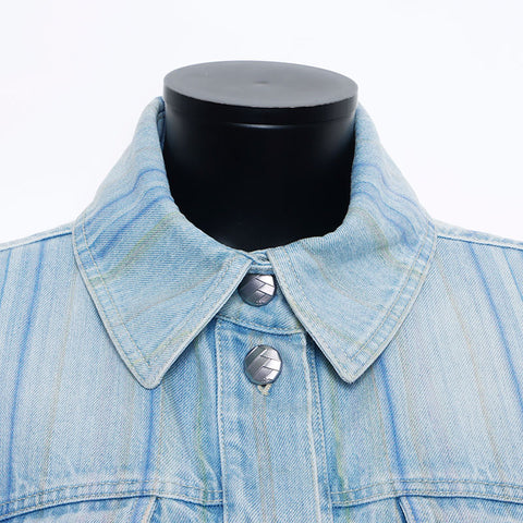 CHANEL Size:38 Denim Stripe Lace Flower Distressed Jacket blue WS11557