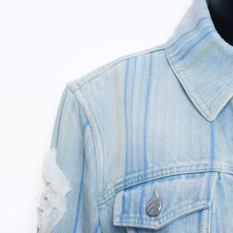CHANEL Size:38 Denim Stripe Lace Flower Distressed Jacket blue WS11557