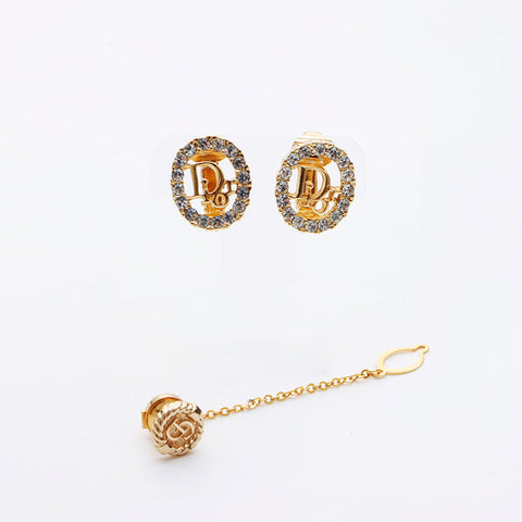 Christian Dior Rhinestone CD Logo Set Tie Tack Boucles d'oreilles Gold WS11576