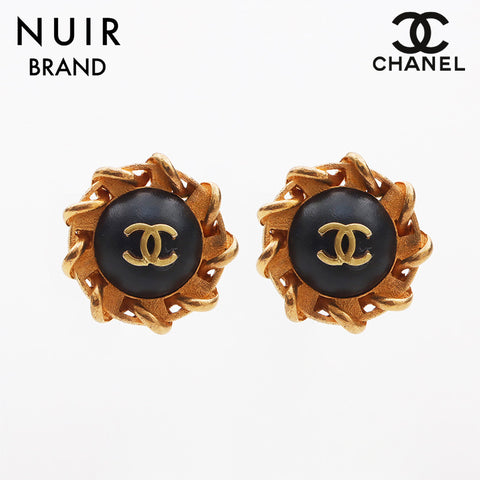 CHANEL 94P 1994 COCO Mark Round Earring Gold black WS11610
