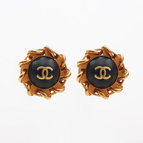 CHANEL 94P 1994 COCO Mark Round Earring Gold black WS11610