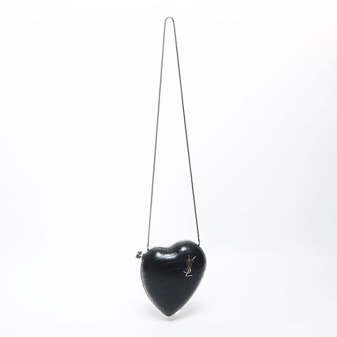 YVES SAINT LAURENT Embossed Leather Love Box SilverMetal Shoulder Bag black WS11653