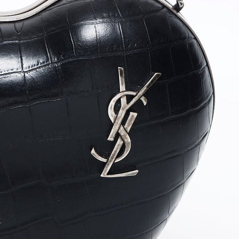 YVES SAINT LAURENT Embossed Leather Love Box SilverMetal Shoulder Bag black WS11653