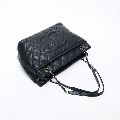 Chanel Chanel Nr. 17 Deka Coco Mark Kette Kaviar Haut Silber Hardware Einkaufstasche Schwarz WS11708