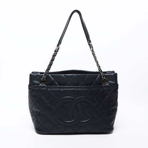 Chanel Chanel Nr. 17 Deka Coco Mark Kette Kaviar Haut Silber Hardware Einkaufstasche Schwarz WS11708