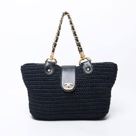 Chanel Chanel n ° 10 Chaîne de sacs de panier Coco Mark Raffia Handbag Navy WS11732