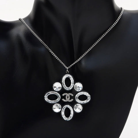 CHANEL 2016 Camellia Rhinestone COCO Mark 16P Necklace Silver black WS11750