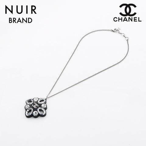 CHANEL 2016 Camellia Rhinestone COCO Mark 16P Necklace Silver black WS11750