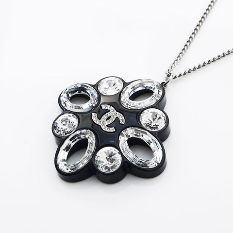 CHANEL 2016 Camellia Rhinestone COCO Mark 16P Necklace Silver black WS11750