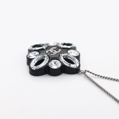 CHANEL 2016 Camellia Rhinestone COCO Mark 16P Necklace Silver black WS11750